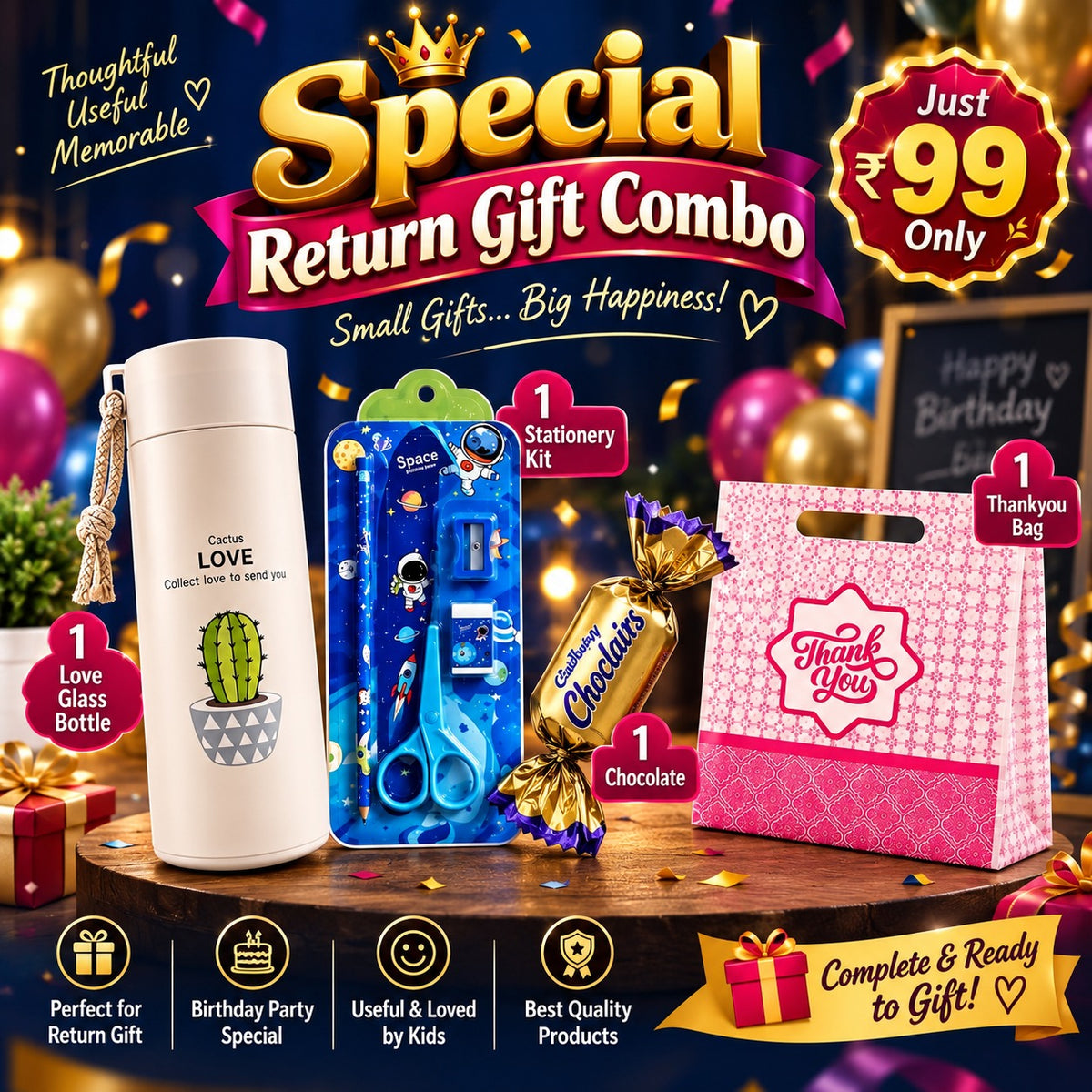 (BRC-013) (MOQ: 30 Pcs) Kids’ Return Gift Combo with Love Glass Bottle, Stationery Kit, Thankyou Bag and Chocolate