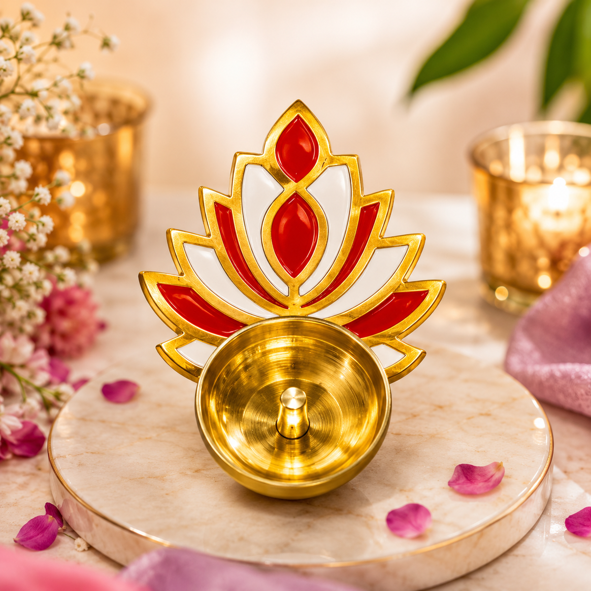 (MG5)(MOQ-12 Pcs) Artistic Lotus Shape Brass Deepam for Spiritual Décor (1pcs-110rs)