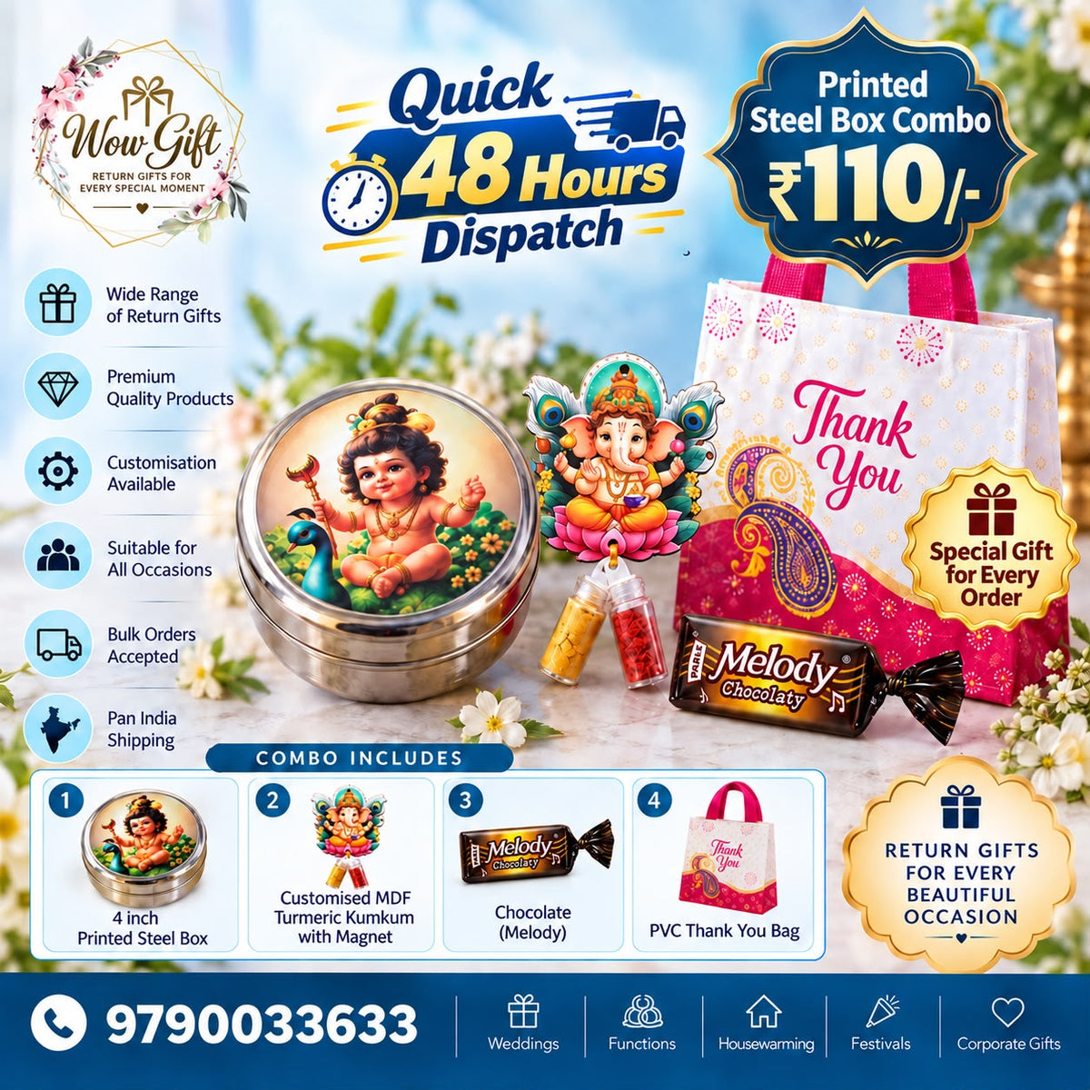 (NRC30) (MOQ: 30 Pcs) Return Gift Combo – 4 Inch Steel Box with MDF Kumkum Magnet, Chocolate & Thank You Bag