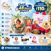 (NRC30) (MOQ: 30 Pcs) Return Gift Combo – 4 Inch Steel Box with MDF Kumkum Magnet, Chocolate & Thank You Bag