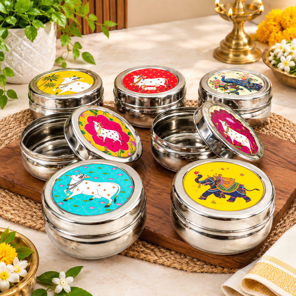 (R47) (MOQ-4Pcs) 4 Inch Traditional Art Print Stainless Steel Lunch Box (1Box-90Rs)