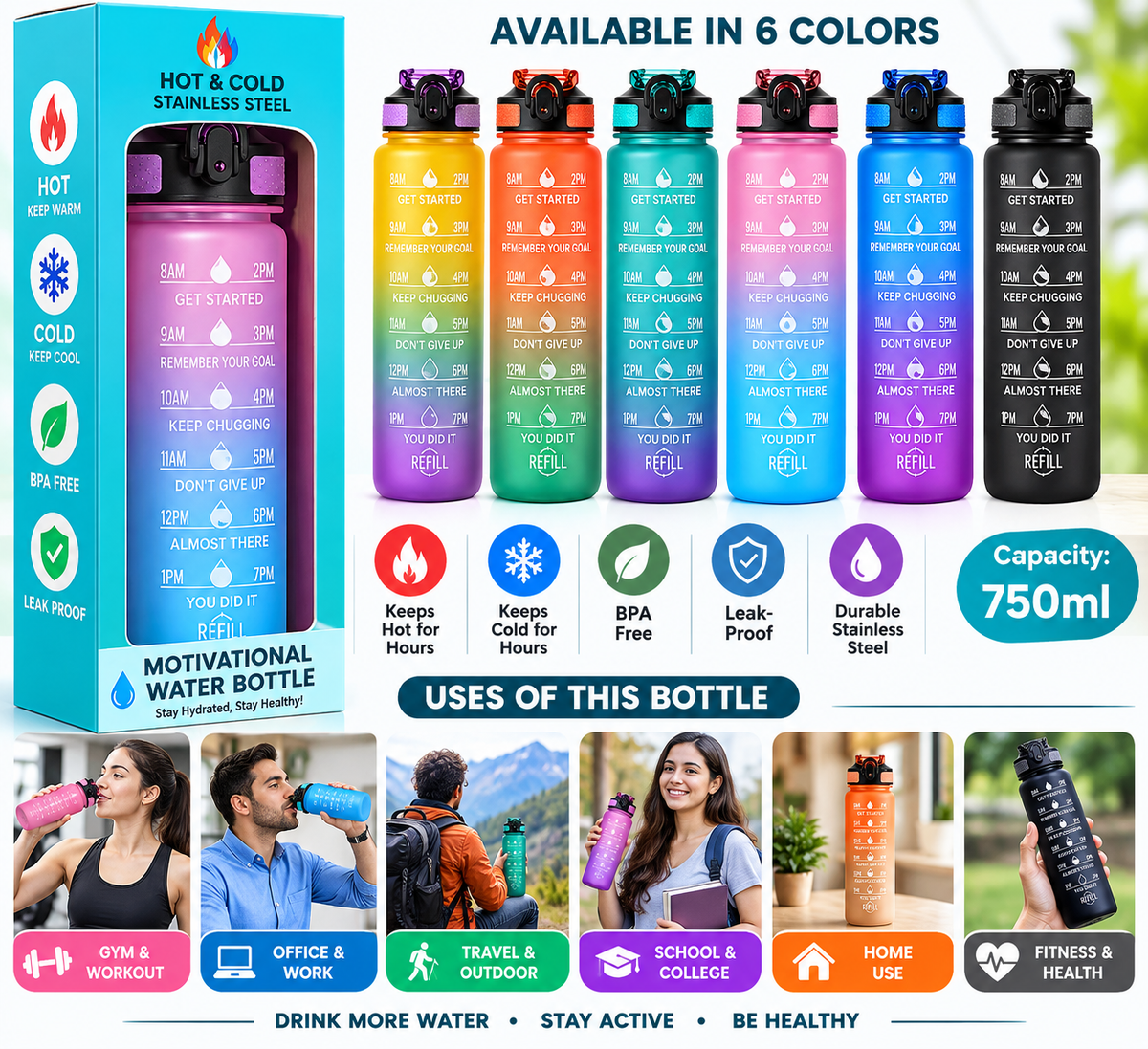(B15) (MOQ: 6 Pcs) 900ML Plastic Motivational Water Bottle with Time Tracker