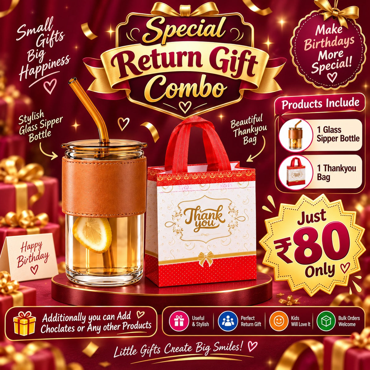 (BRC-012) (MOQ: 30 Pcs) Return Gift Combo with Glass Sipper Bottle and Thankyou Bag