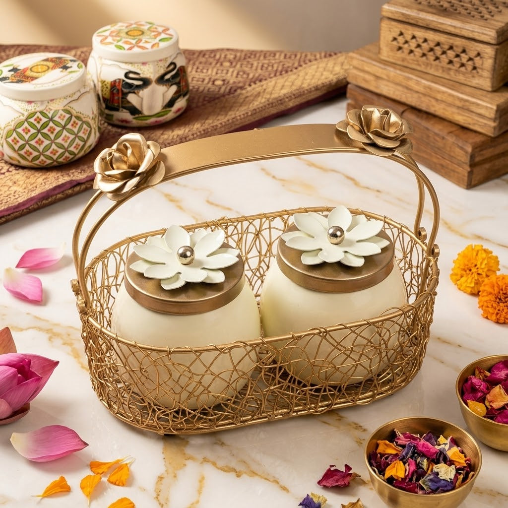 (R43) Golden Oval Metal Storage Basket with Handle (1Pcs-320Rs)