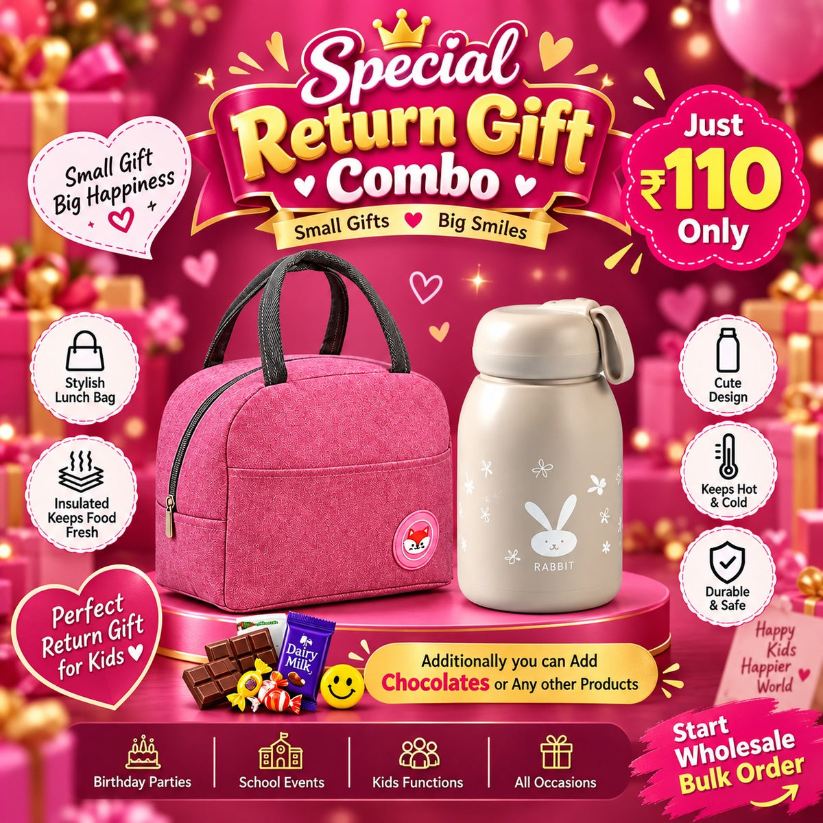 (BRC18) (MOQ: 30 Pcs) Kids’ Return Gift Combo with Lunch Bag and Bunny Bottle