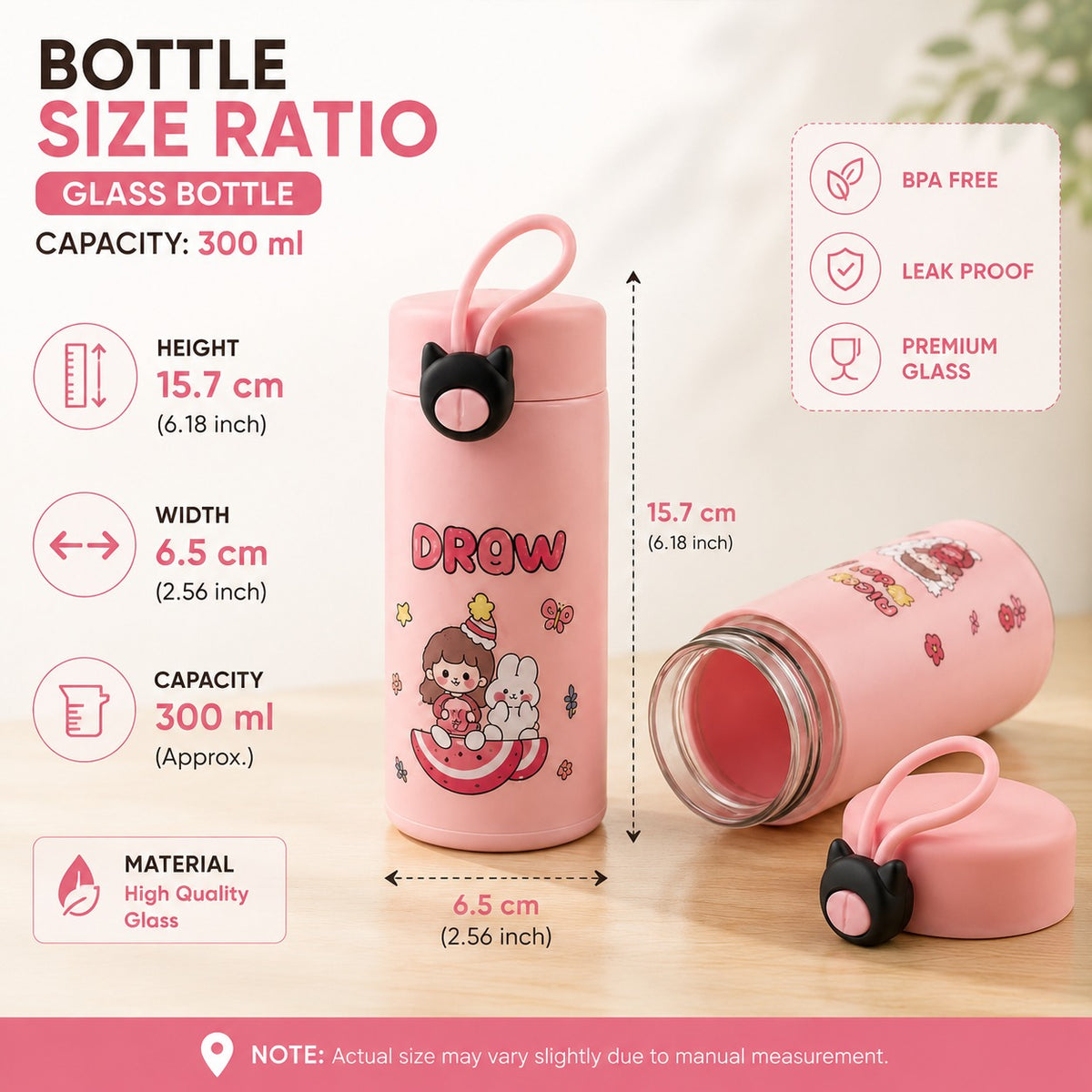 (B63) (MOQ: 2 Pcs) Aimeng Cup Glass Water Bottle 300 ML – Stylish Compact Bottle