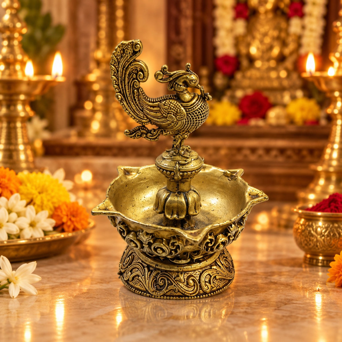 (MG19) (MOQ: 30 Pcs) Five Flames Annapakshi Brass Diya Oil Lamp for Pooja Rituals