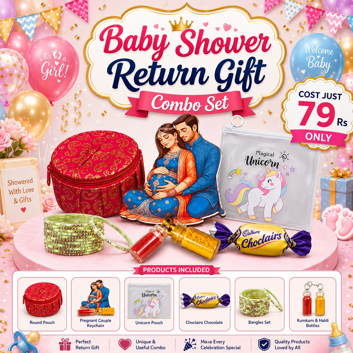 (PRC1) (MOQ: 30 Pcs)  Return Gift Combo Set – Round Pouch, Pregnant Couple Keychain, Unicorn Pouch, Chocolate, Bangles Set & Kumkum Haldi Bottles