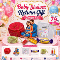 (PRC1) (MOQ: 30 Pcs)  Return Gift Combo Set – Round Pouch, Pregnant Couple Keychain, Unicorn Pouch, Chocolate, Bangles Set & Kumkum Haldi Bottles