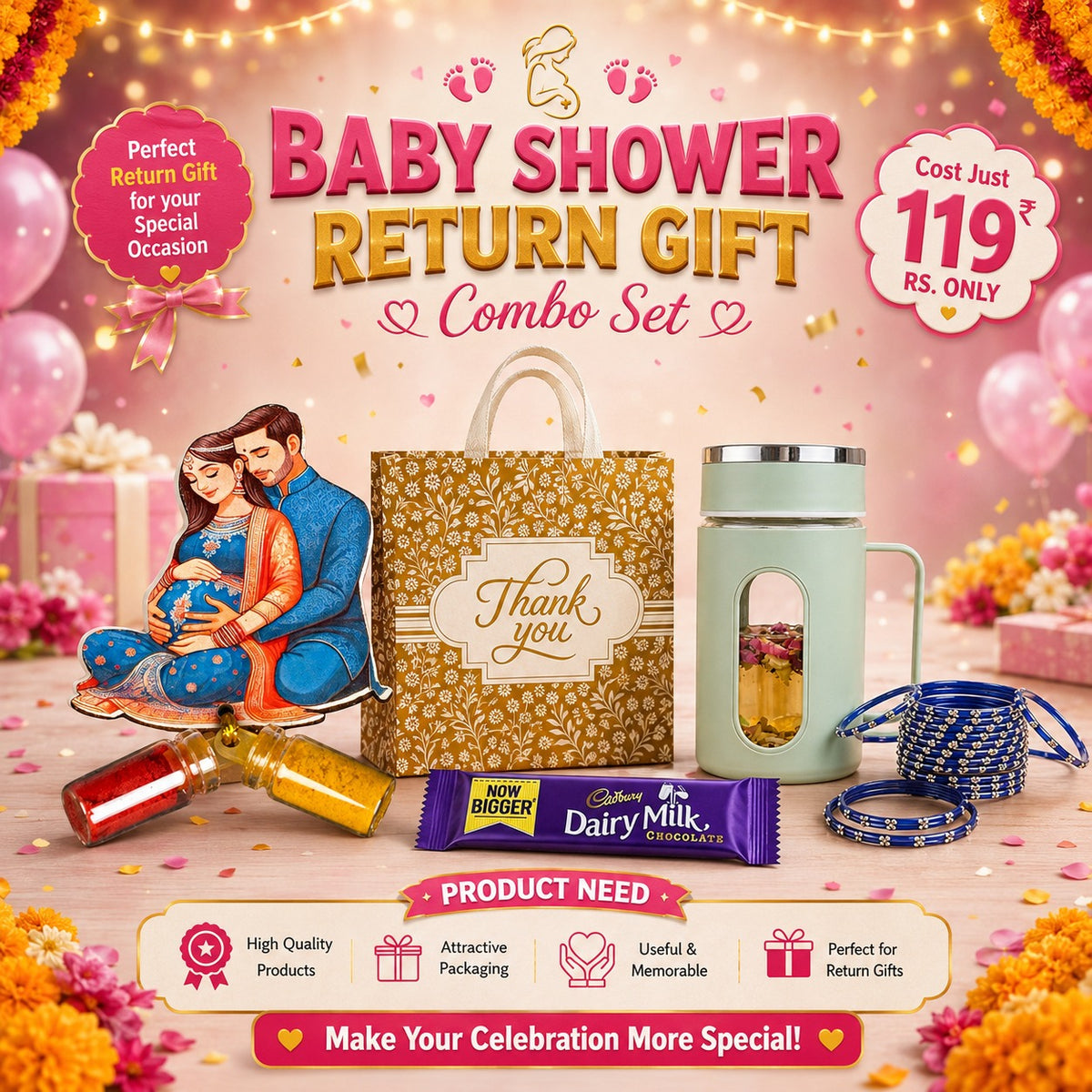 (PRC2) (MOQ: 30 Pcs) Return Gift Combo Set – Couple Gift, Designer Gift Bag, Glass Bottle, Bangles Set, Dairy Milk Chocolate & Kumkum Haldi Bottles