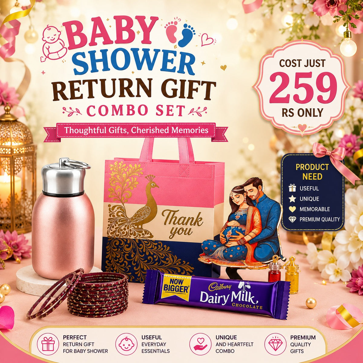 (PRC3) (MOQ: 30 Pcs) Baby Shower Return Gift Combo – Bottle, Gift Bag, Bangles, Chocolate & Kumkum Haldi
