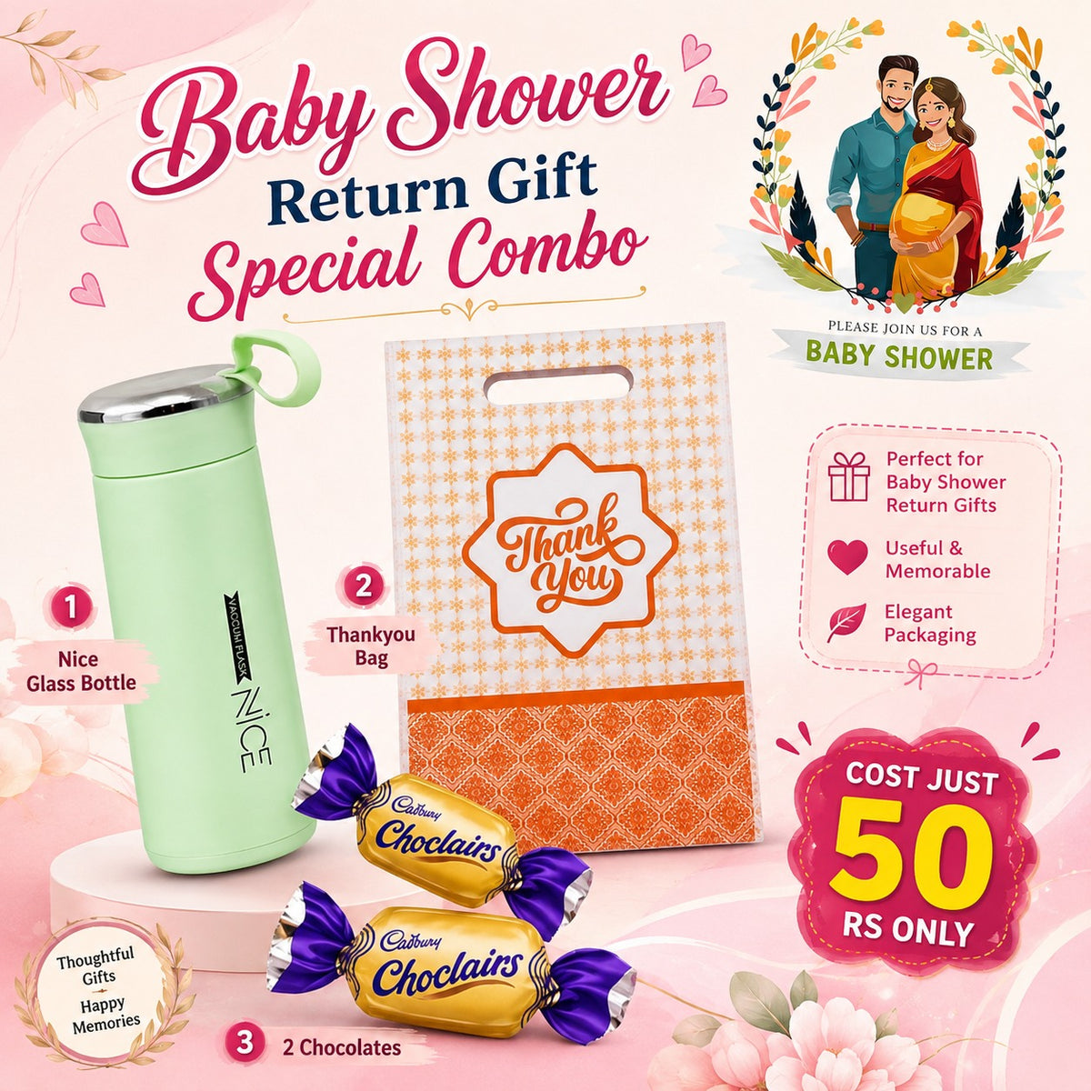 (PRC4) (MOQ: 30 Pcs) Baby Shower Return Gift Combo – Glass Bottle, Thank You Bag & 2 Chocolates