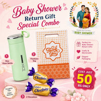 (PRC4) (MOQ: 30 Pcs) Baby Shower Return Gift Combo – Glass Bottle, Thank You Bag & 2 Chocolates