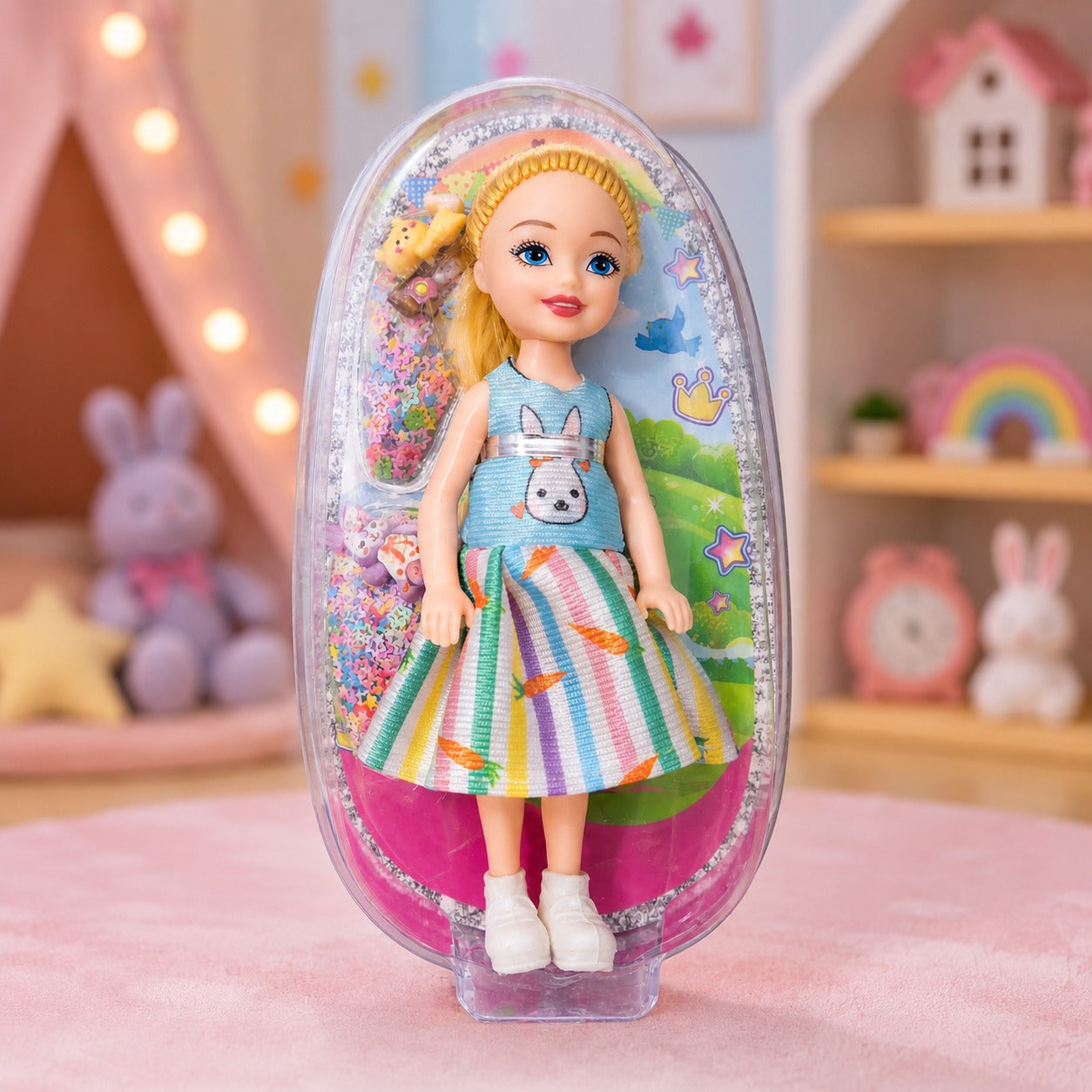 (T-008) (MOQ: 4 Pcs) Mini Fashion Girl Doll with Hair Clips, Colorful Striped Dress