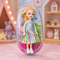 (T-008) (MOQ: 4 Pcs) Mini Fashion Girl Doll with Hair Clips, Colorful Striped Dress