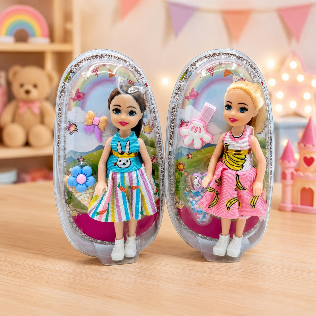 (T-008) (MOQ: 4 Pcs) Mini Fashion Girl Doll with Hair Clips, Colorful Striped Dress