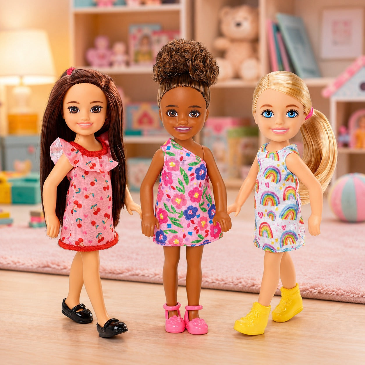 (T-008) (MOQ: 4 Pcs) Mini Fashion Girl Doll with Hair Clips, Colorful Striped Dress