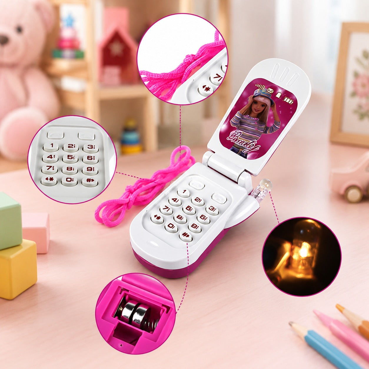 (T-042) (MOQ: 4 Pcs) Barbie Kids Mobile Cell Phone Toy with Lights & Ringtones