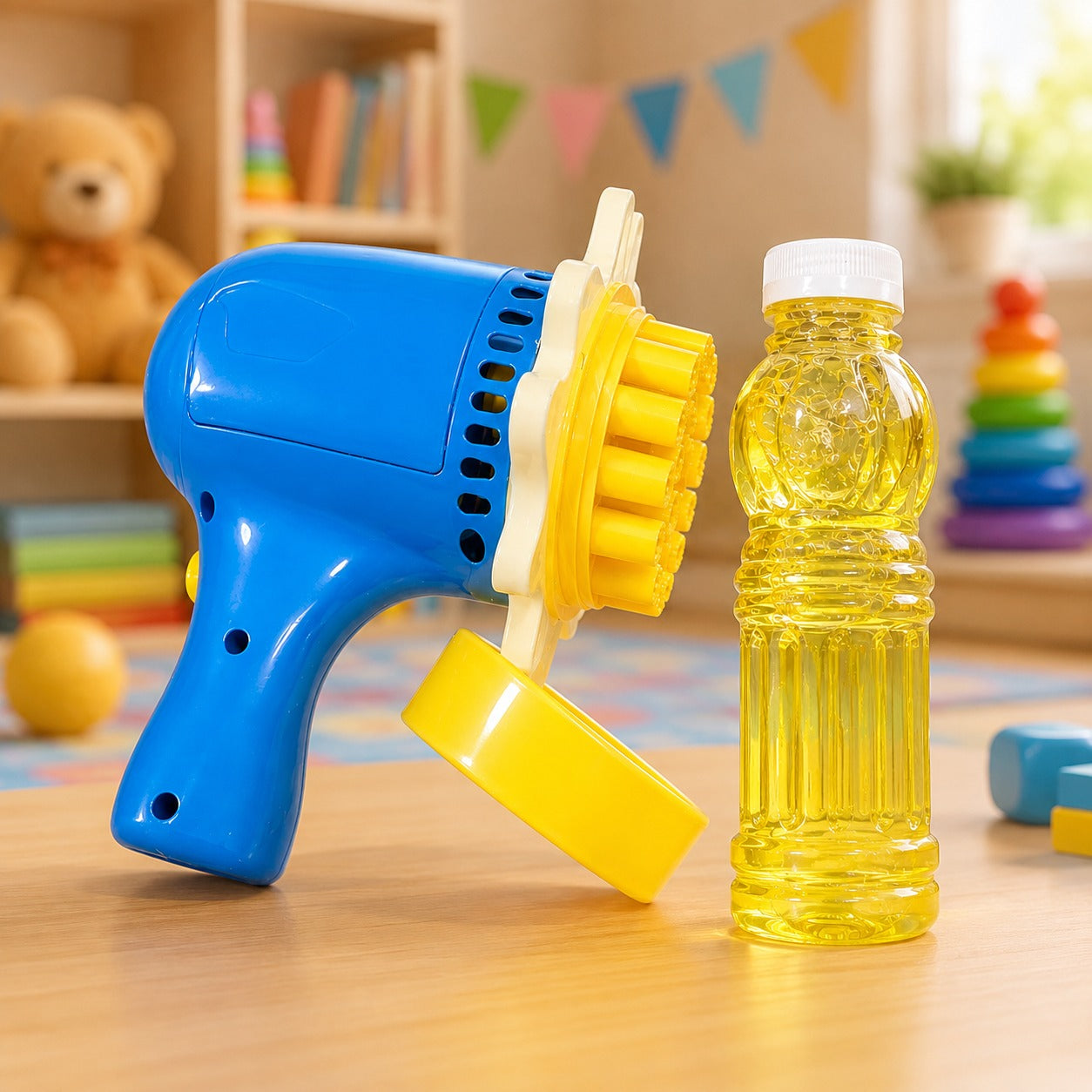 (T-014) Portable Electric Bubble Blower Toy with Bubble Solution - Battery Operated Bubble Gun