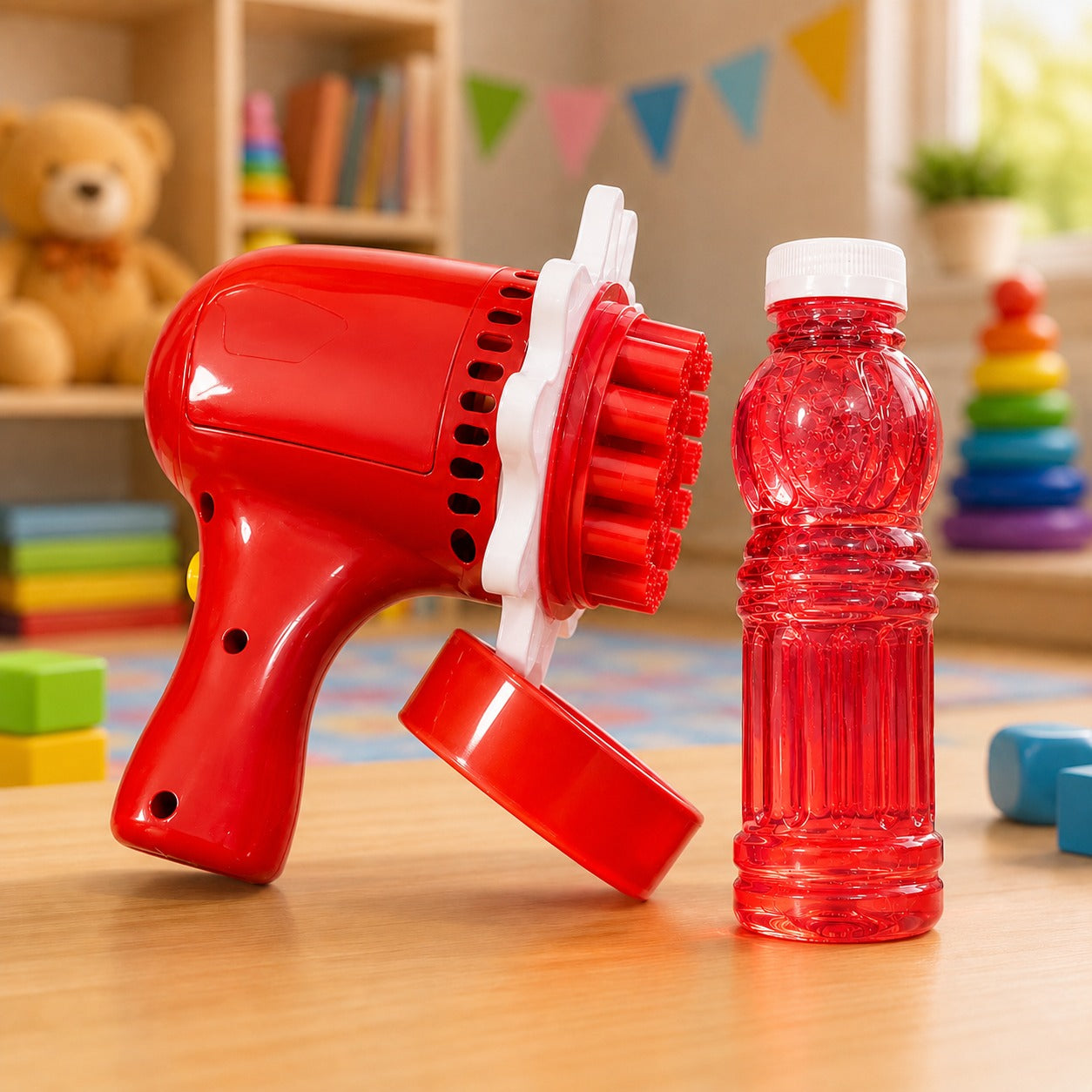 (T-014) Portable Electric Bubble Blower Toy with Bubble Solution - Battery Operated Bubble Gun