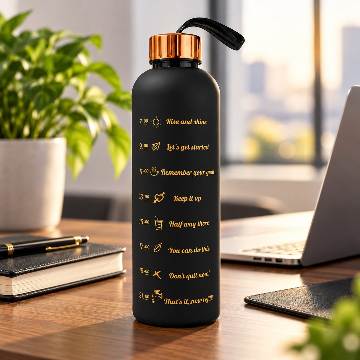 (B64) Matte Black Motivational Plastic  1000 ML Water Bottle with Time Markers