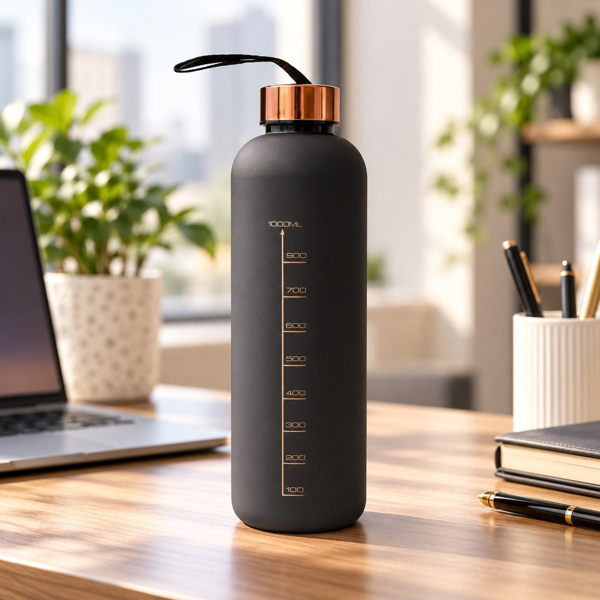 (B64) Matte Black Motivational Plastic  1000 ML Water Bottle with Time Markers