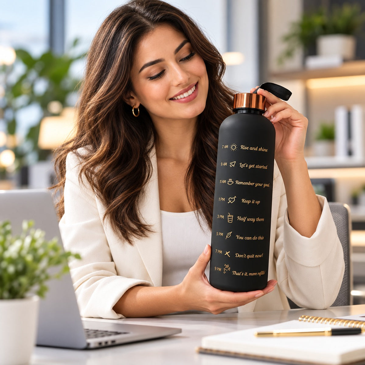 (B64) Matte Black Motivational Plastic  1000 ML Water Bottle with Time Markers