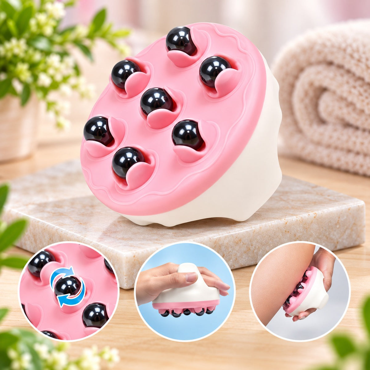(SC11) (MOQ: 4 Pcs) Palm Shape 7-Ball 360° Massage Roller – Manual Body Massager