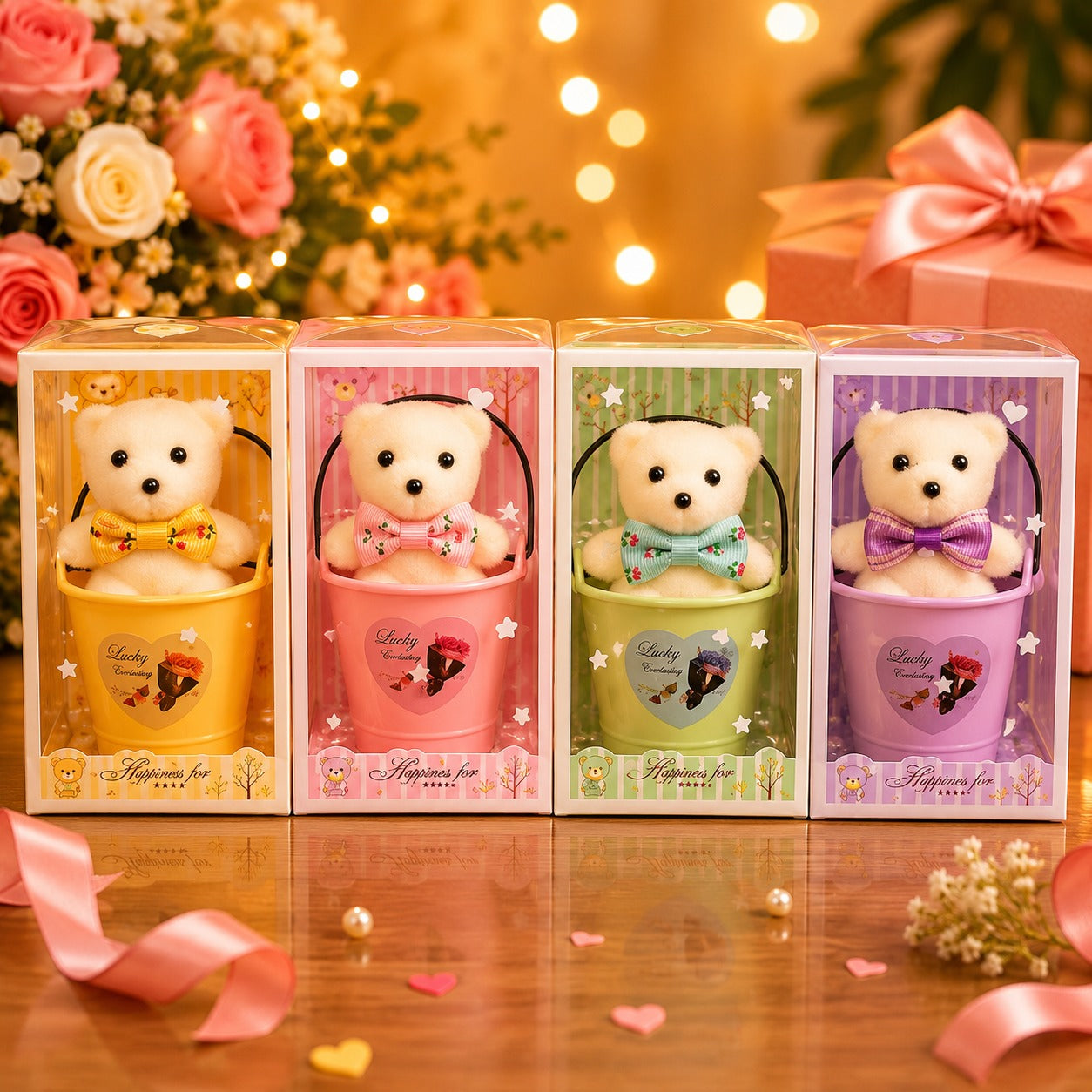 (G-006) (MOQ: 4 Pcs) Cute Teddy Bear in Pot with Decorative Bow