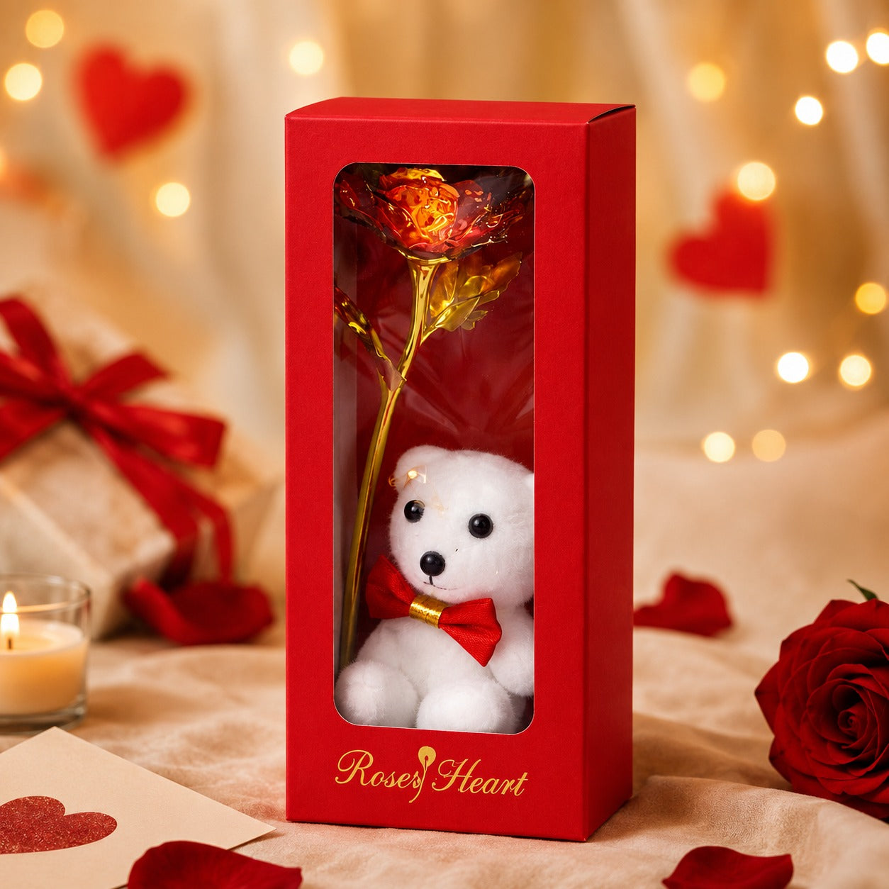 (G-014) (MOQ: 4 Pcs) Cute Teddy Bear with Red  golden Rose