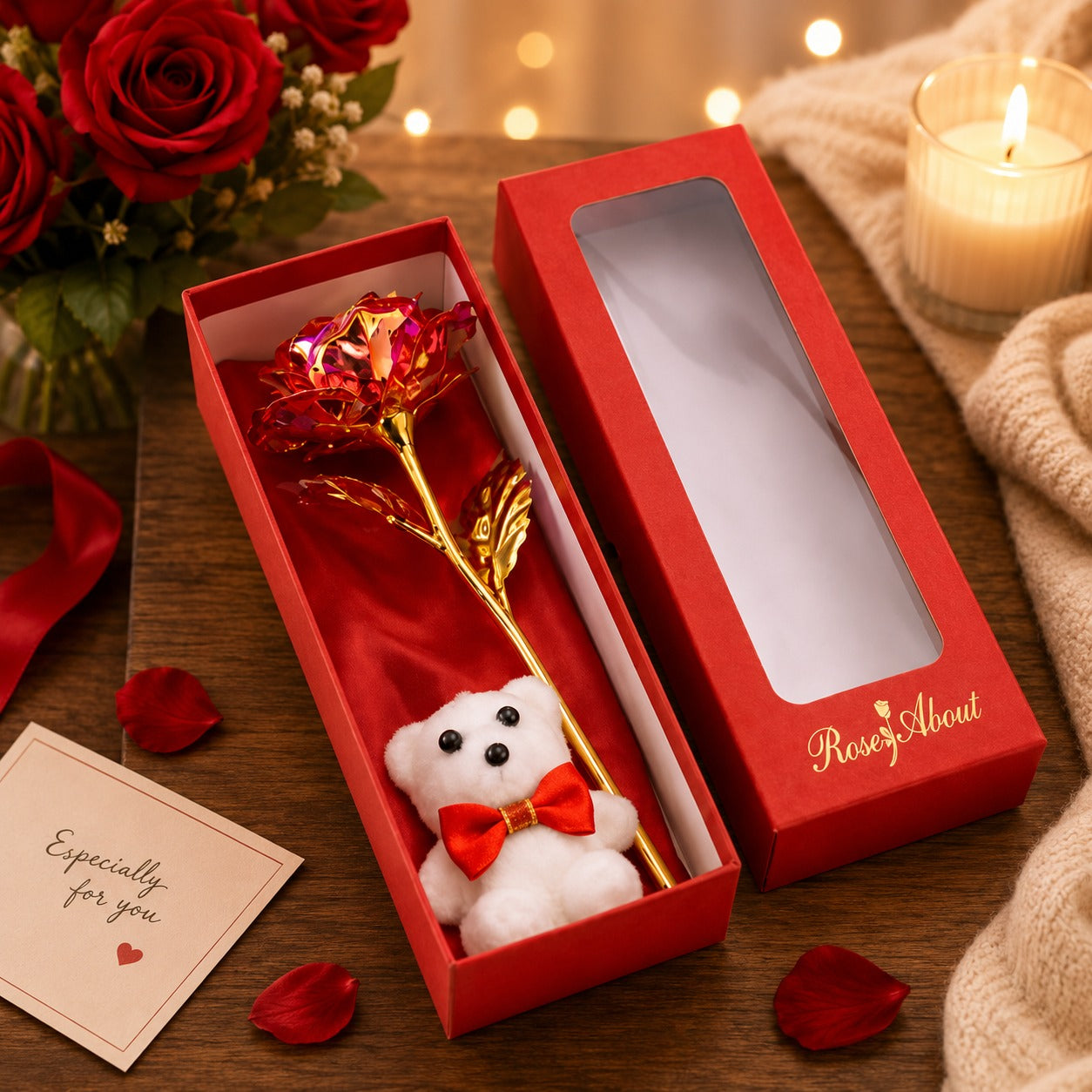 (G-014) (MOQ: 4 Pcs) Cute Teddy Bear with Red  golden Rose