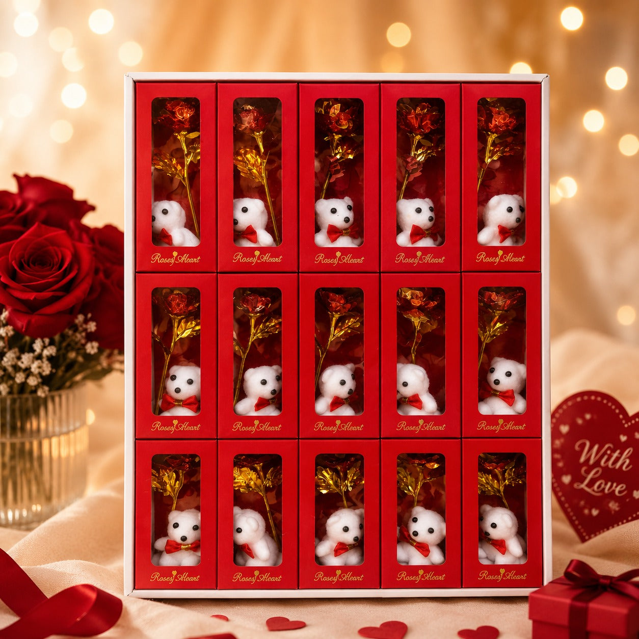 (G-014) (MOQ: 4 Pcs) Cute Teddy Bear with Red  golden Rose