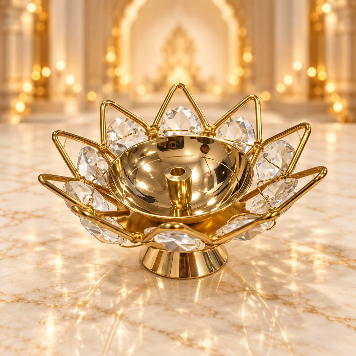(MG27) (MOQ : 6 Pcs) Golden Brass Crystal Lotus Kamal Shape Round Diya Jyothi Oil Lamp