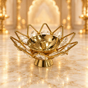 (MG27) (MOQ : 6 Pcs) Golden Brass Crystal Lotus Kamal Shape Round Diya Jyothi Oil Lamp