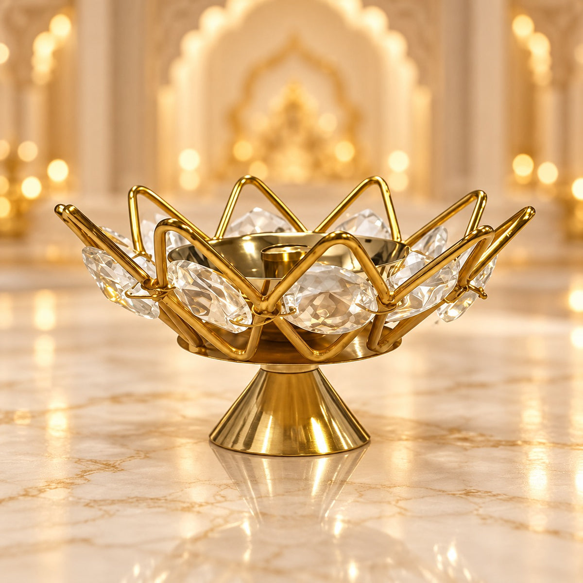 (MG27) (MOQ : 6 Pcs) Golden Brass Crystal Lotus Kamal Shape Round Diya Jyothi Oil Lamp