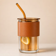 (B-030) (MOQ - 12 Pcs) Glass Sipper Tumbler with Lid & Straw 400ml Coffee Mug