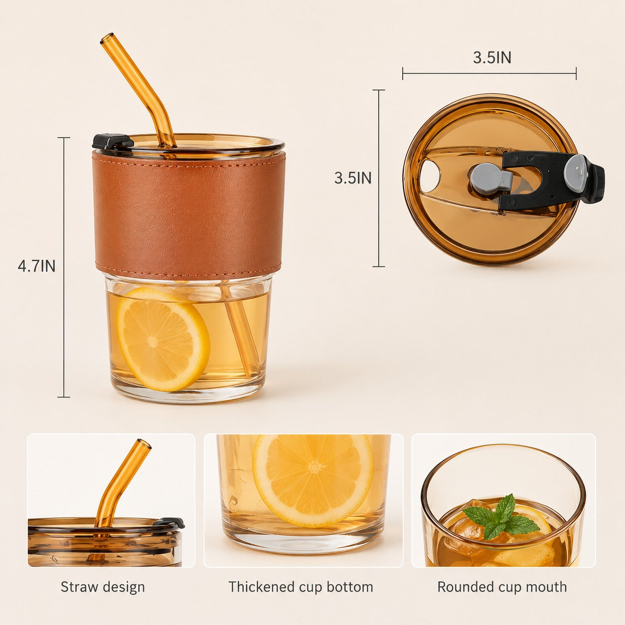 (B-030) Glass Sipper Tumbler with Lid & Straw 400ml Coffee Mug