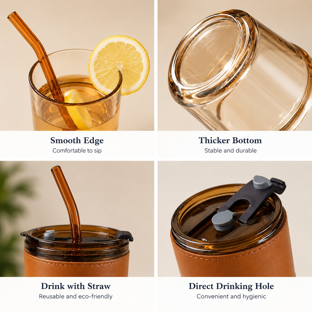 (B-030) Glass Sipper Tumbler with Lid & Straw 400ml Coffee Mug