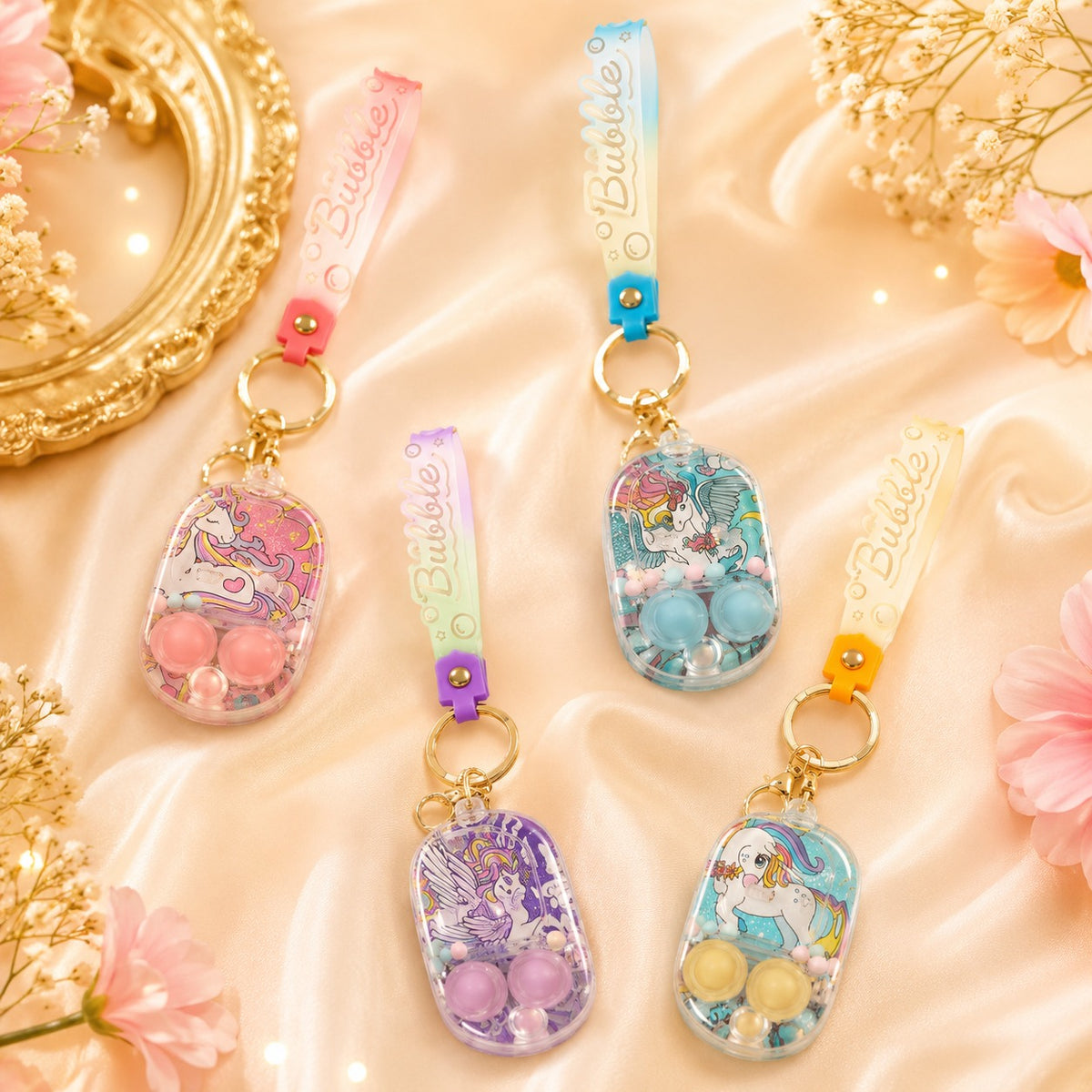 (KC37) (MOQ: 4 Pcs) Unicorn Bubble Keychain – Cute Mini Bubble Maker Keychain