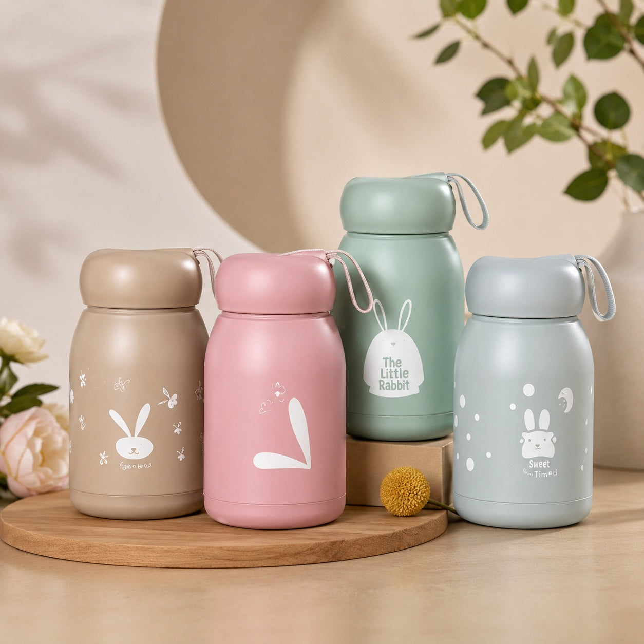 (B-005) (MOQ: 4 Pcs) Cute Bunny Mini Glass 340ml Water Bottle