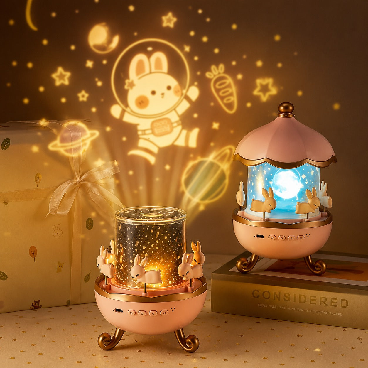 (LI-007) Bunny Projector Night Light – 360° Rotatable LED Lamp with 15 Film Shades