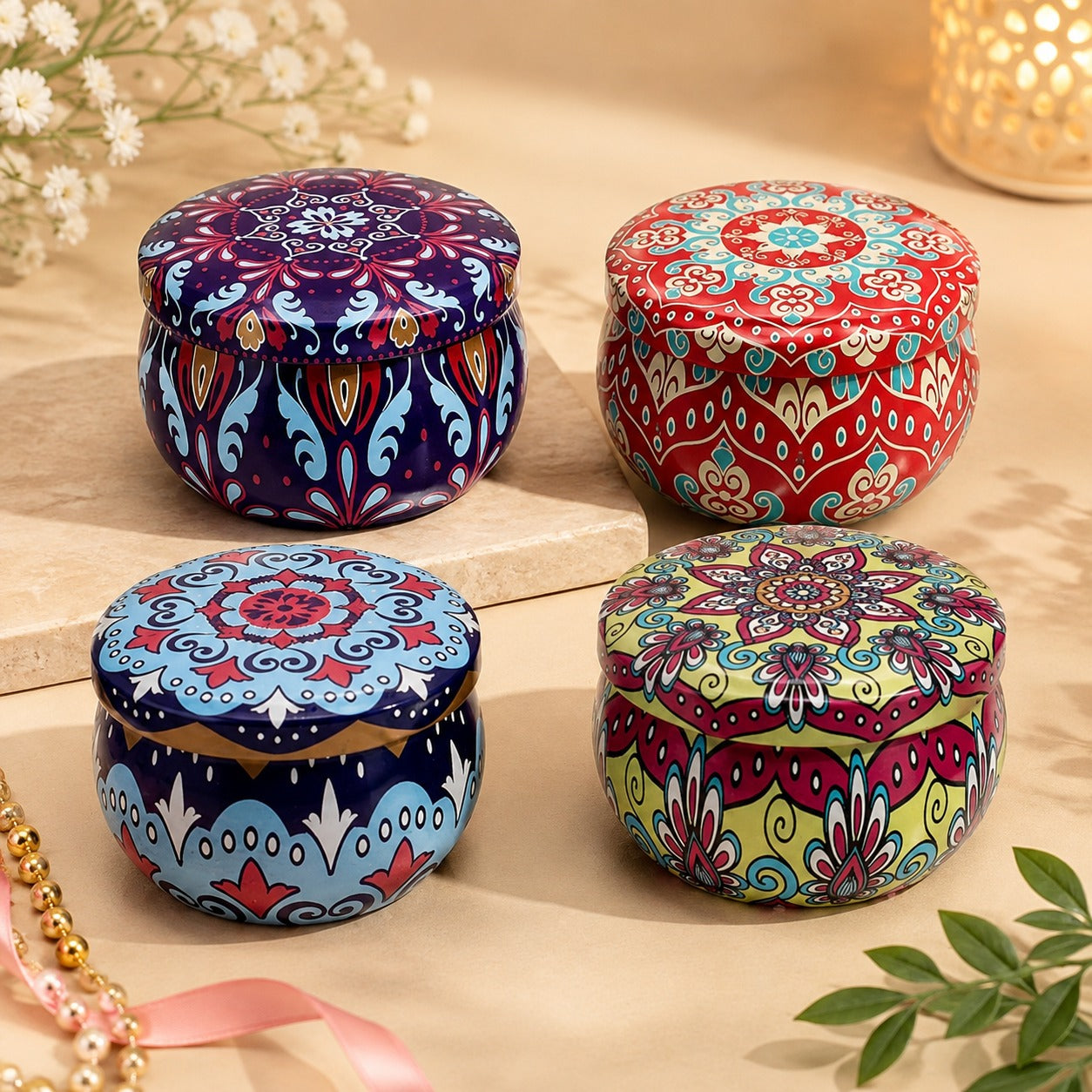 (R-033) (MOQ: 4 Pcs) Mandala Candle Printed Tin Box with Lid – Decorative Metal Container