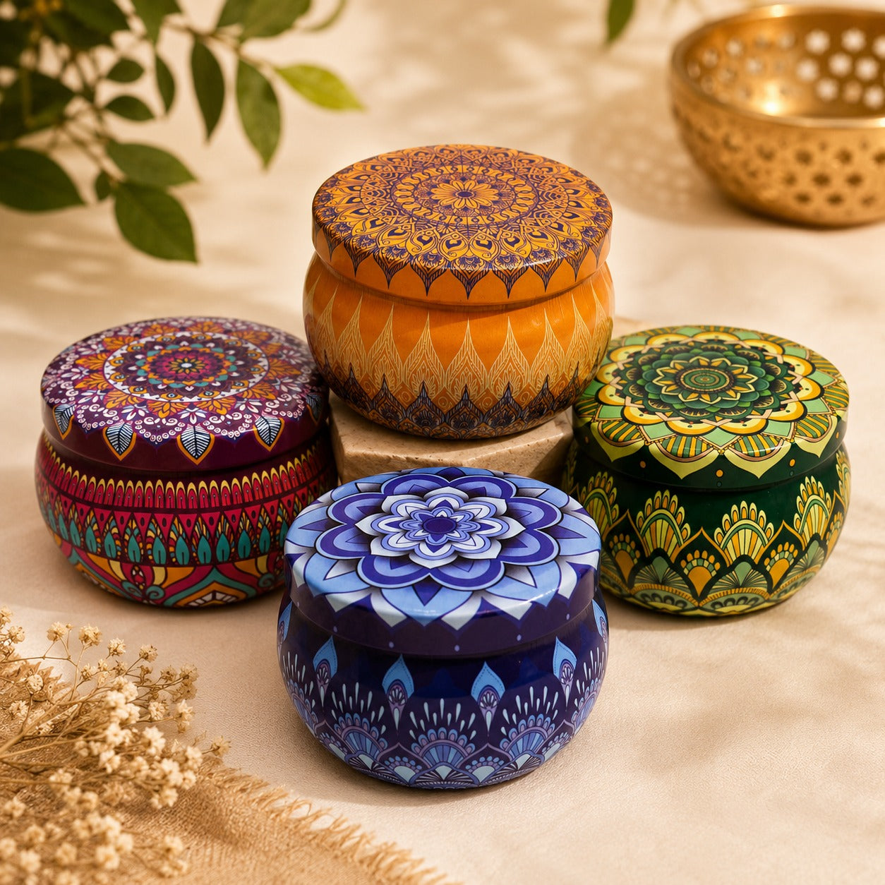 (R-033) (MOQ: 4 Pcs) Mandala Candle Printed Tin Box with Lid – Decorative Metal Container