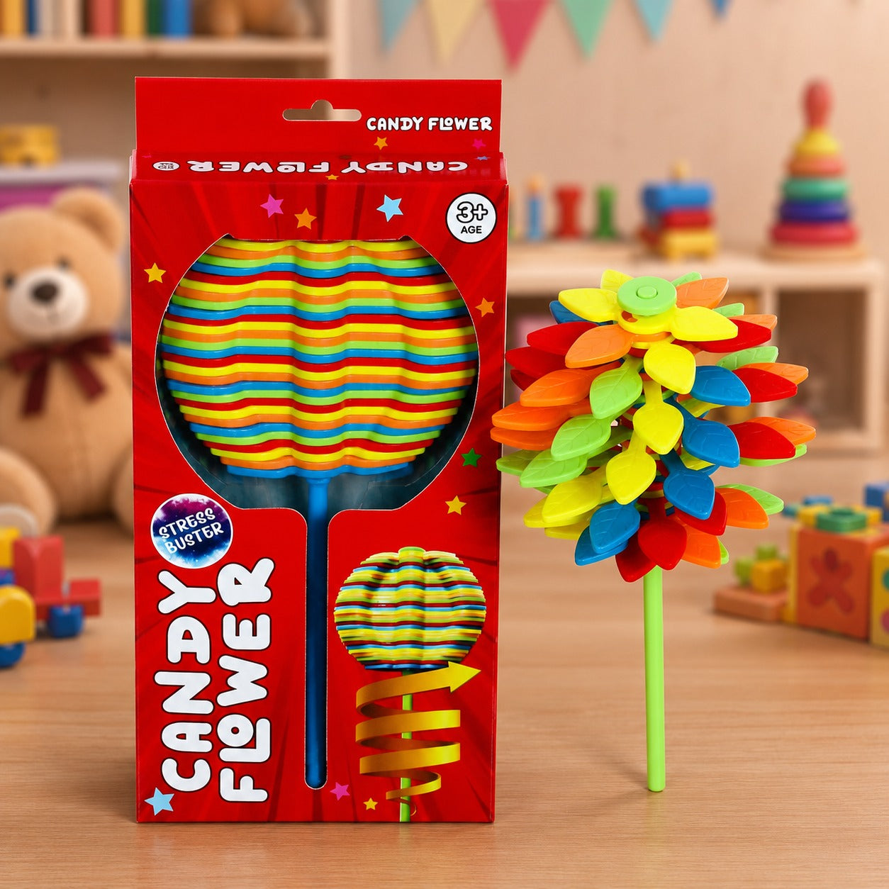 (T-012) (MOQ: 4 Pieces) Spinning Candy Flower Toy – Colorful Rotating Spinner