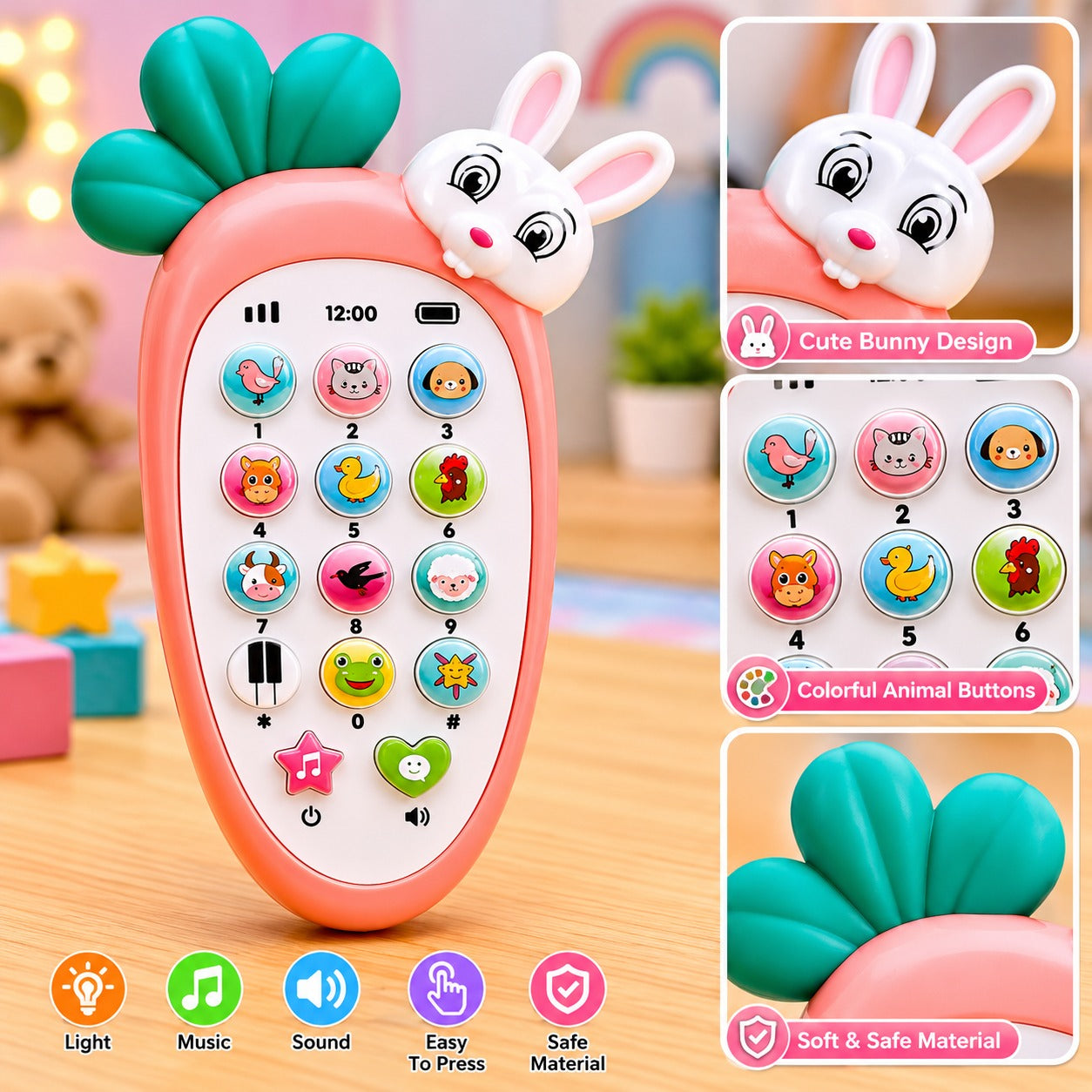 (T-007) Carrot Shape Musical Rabbit Toy Phone for Kids with Light & Sound