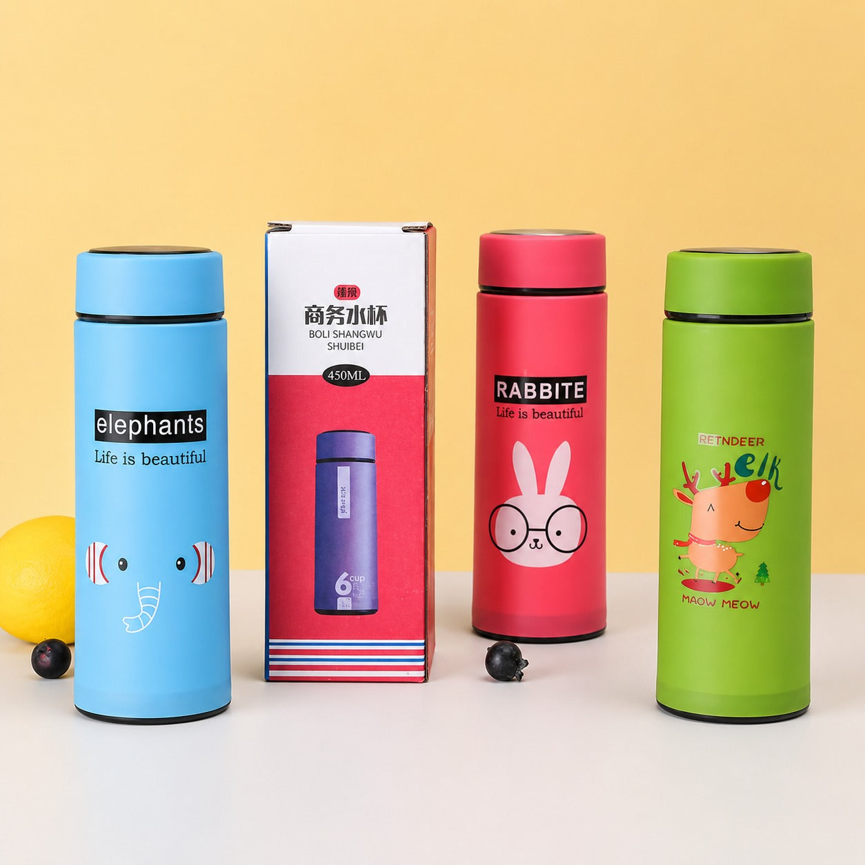 (B-023) (MOQ: 4 Pcs) Animal Face Glass Bottle 400ml – Leak-Proof Water Bottle