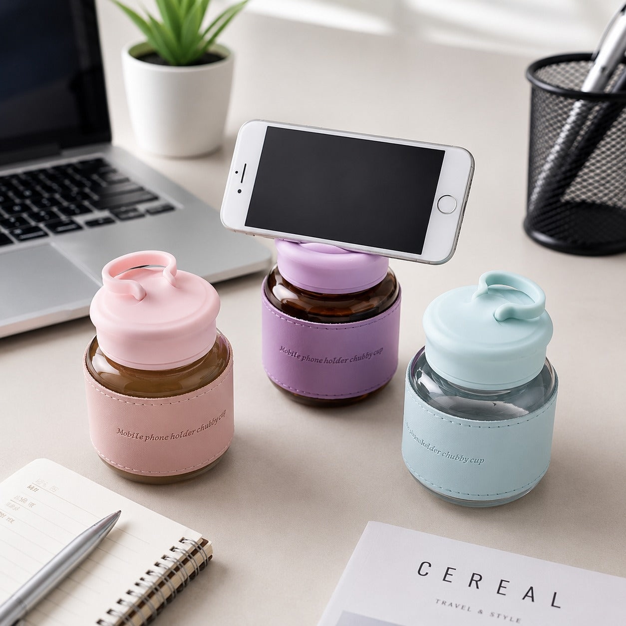 (B-008) (MOQ: 4 Pcs) Mini Cute Chubby Glass Cup 300ml with Handle & Cover