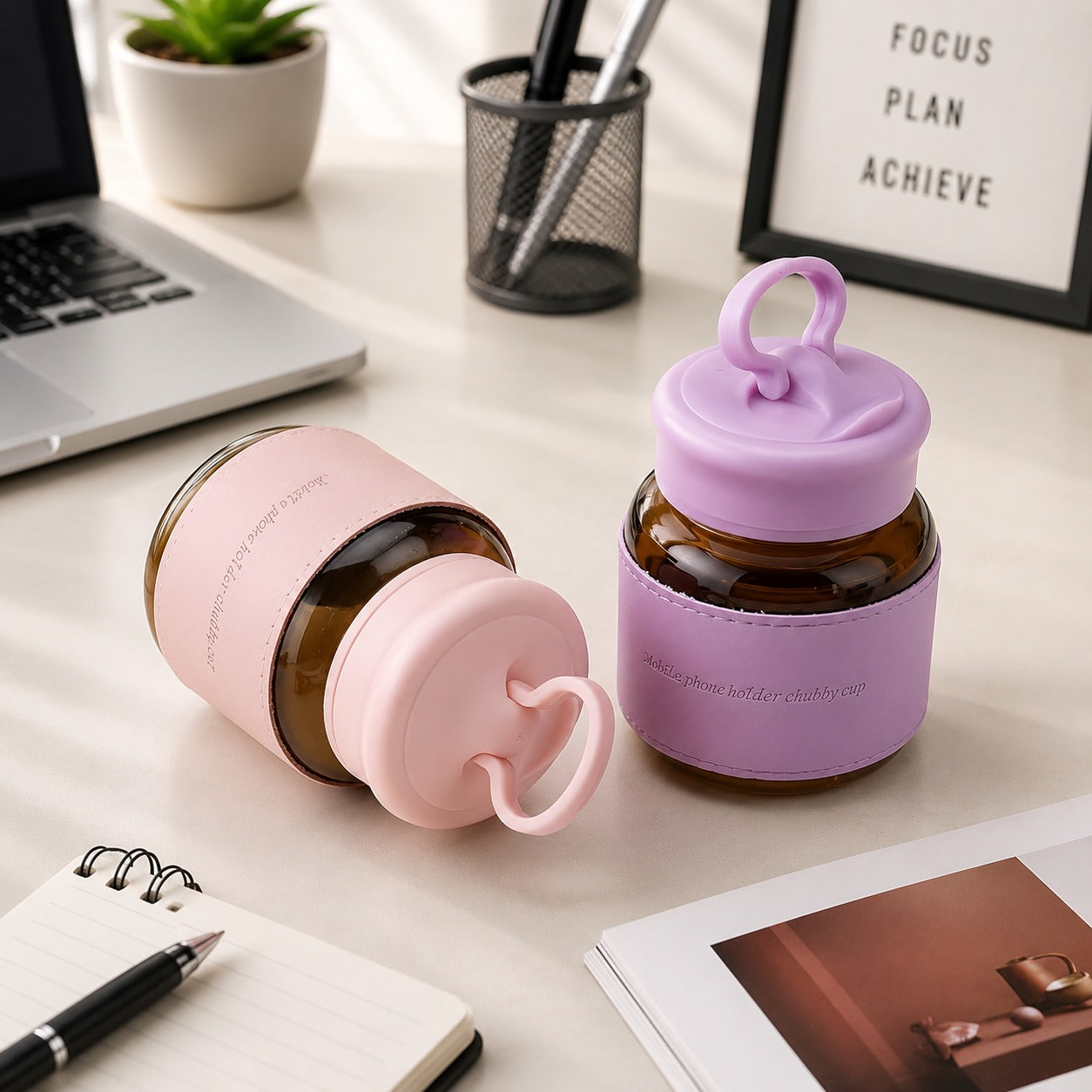 (B-008) (MOQ: 4 Pcs) Mini Cute Chubby Glass Cup 300ml with Handle & Cover