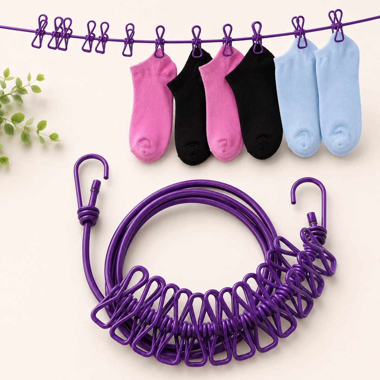 (HL-002) (MOQ: 4 Pcs) Portable Clothes Drying Rope with Hooks & Clips