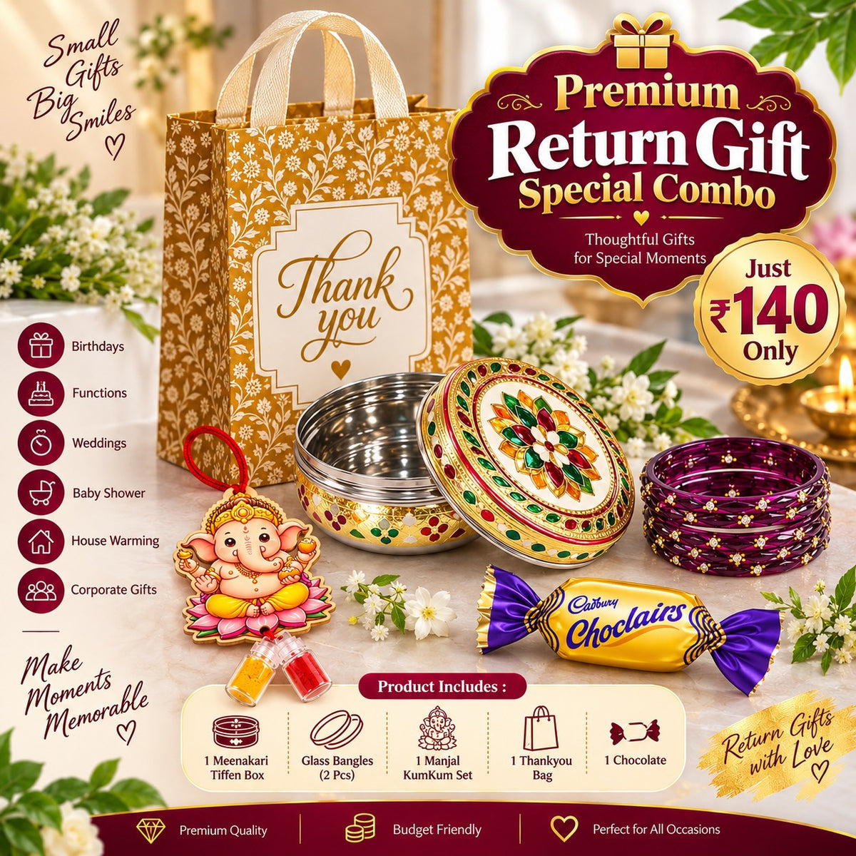 (PRC11) (MOQ: 30 Pcs) Return Gift Special Combo – Meenakari Tiffin Box with Glass Bangles, Manjal Kumkum Set, Chocolate & Thank You Bag